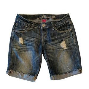Almost Famous juniors size 5 distressed jean shorts. Long shorts.